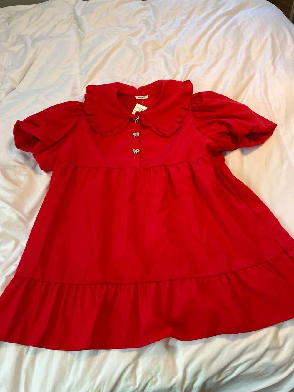Sunday Up Sweetheart Dress Red Peter Pan Collar with Bow Rhinestones